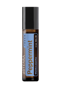 doTERRA Peppermint Touch roller bottle labeled 'The Cooling Sensation', illustrating a refreshing and invigorating blend for clear breathing and tension relief.