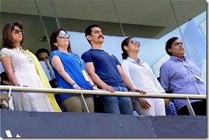 Sunanda Pushkar, Nita Ambani, Bollywood actor Amir Khan with wife Kiran Rao and Mukesh Ambani watch the World Cup final