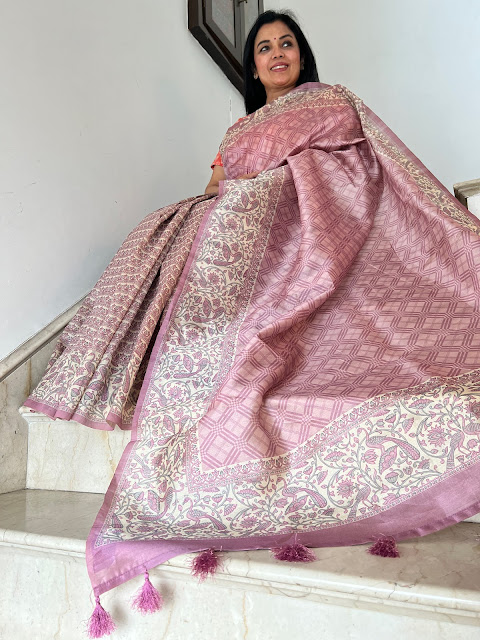 Lavender digital print contemporary tussar saree with a pichwai peacock border and pallu.
