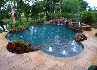 horizon pool, patio, landscaping