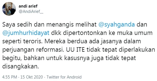 Andi Arief: Saya Sedih dan Menangis Syahganda, Jumhur Hidayat Dkk Dipertontonkan ke Muka Umum Seperti Teroris