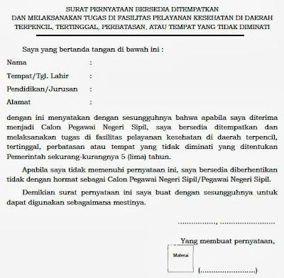 Contoh Surat Pernyataan Bersedia Ditempatkan dan Melaksanakan Tugas 