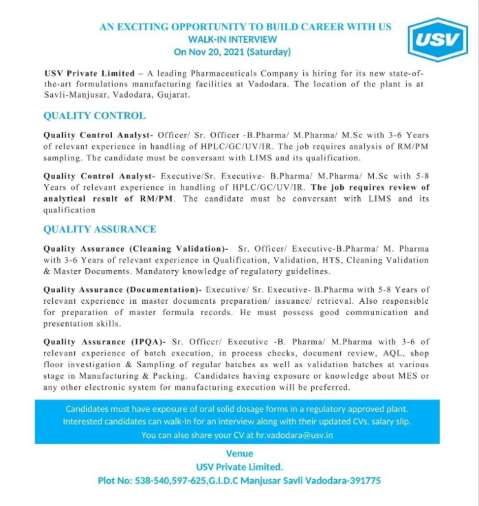 Job Availables,USV Private Limited. Walk-In-Interview For B.Pharm/ M.Pharm/ MSc