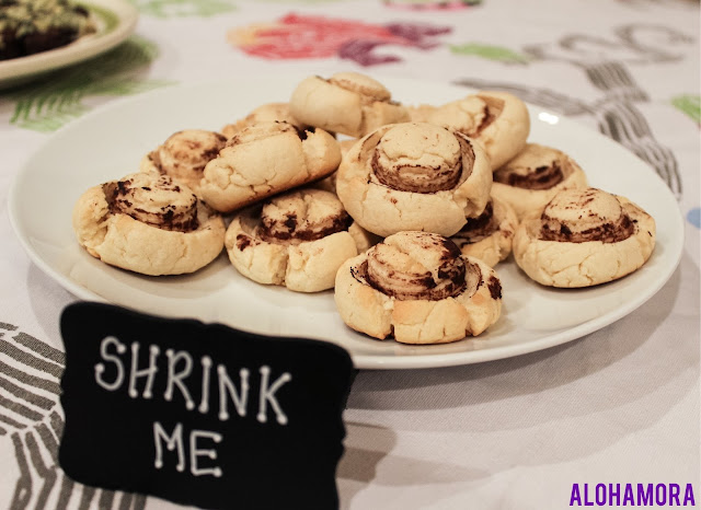 Fun Alice in Wonderland and Splintered (YA book series) book club food.  These "Shrink Me" Mushroom Shaped Corn Starch Sugar Cookies are delicious and have a subtle snickerdoodle taste.  Easy to make, and fun to eat. Cookies, easy, nut free, Alohamora Open a Book http://www.alohamoraopenabook.blogspot.com/