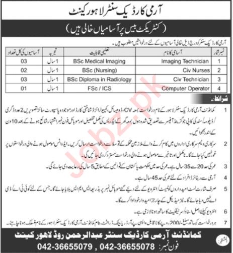 Latest Army Cardiac Center Medical Posts Lahore 2022