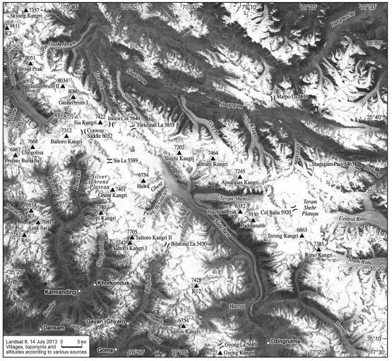 Satellite image with toponyms, altitudes and villages of area surrounding Siachen glacier.