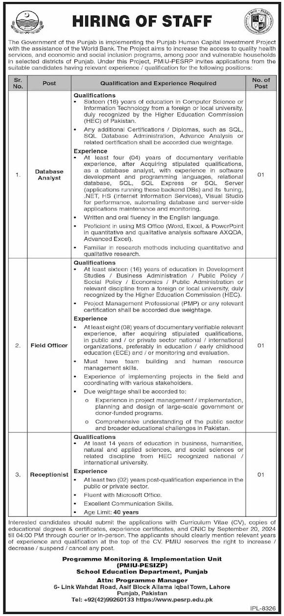 PMIU Punjab Education Sector Reforms Program PESRP Jobs 2024