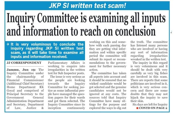 JKP SI Written Test Scam - Inquiry Committee is examining all inputs and information to reach on conclusion