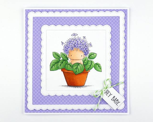 Handmade card with cute hydrangea baby in a flower pot (image from Stamping Bella)