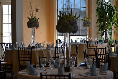 submerged curly willow branches, baby blue centerpieces