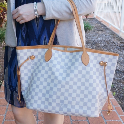Aztec print dress, Louis Vuitton damier azur neverfull tote bag | away from the blue
