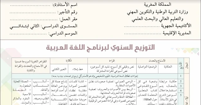 التوزيع السنوي لبرنامج اللغة العربية وفق مرجع "في رحاب اللغة العربية" للمستوى الثاني (نسخة شتنبر 2018).