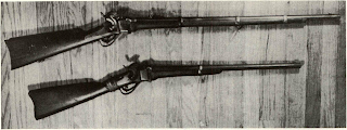 New Sharps-made parts from Civil War surplus stores still being sold were used in 1960’s by author to complete stripped barrel-breech unit of New Model 1863 rifle (top). Below is Sharps New Model 1863 Carbine which has had Indian use, and butt is replaced by section of Springfield Rifle Musket butt, held by rawhide repair.
