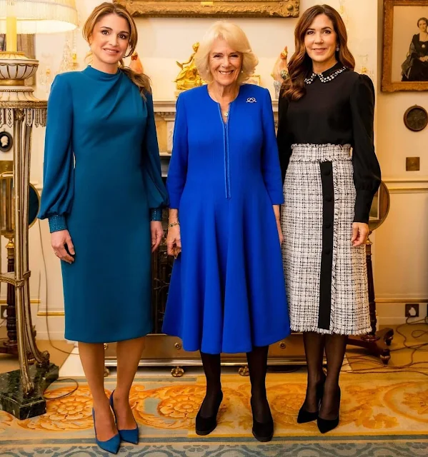 Queen Rania in Badgley Mischka dress, Crown Princess Mary in Red Valentino crystal collar crepe top and Dolce & Gabbana tweed skirt