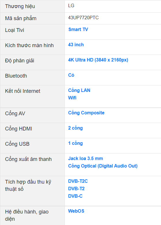 Smart Tivi LG 4K 43 inch 43UP7720PTC ThinQ AI