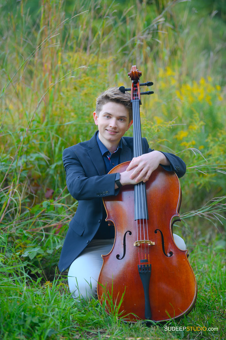 Huron High School Guys Senior Portraits with Musical Instrument Cello SudeepStudio.com Ann Arbor Senior Pictures Photographer