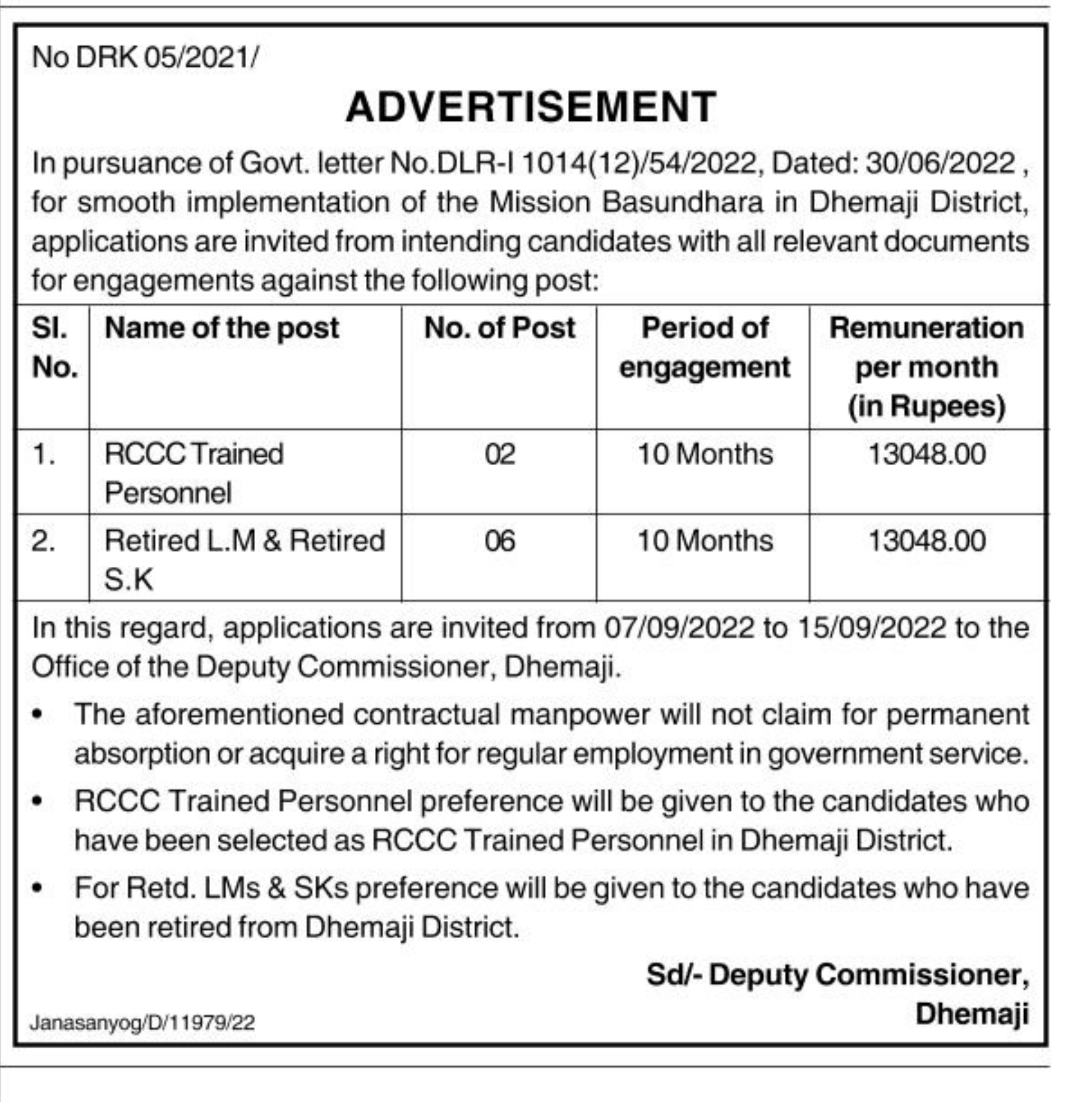 DC Dhemaji Recruitment 2022 - 08 Vacancy for Mission Basundhara