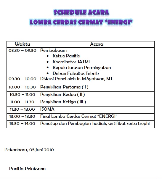 LOMBA CERDAS CERMAT ENERGI Susunan Acara Lomba Cerdas 