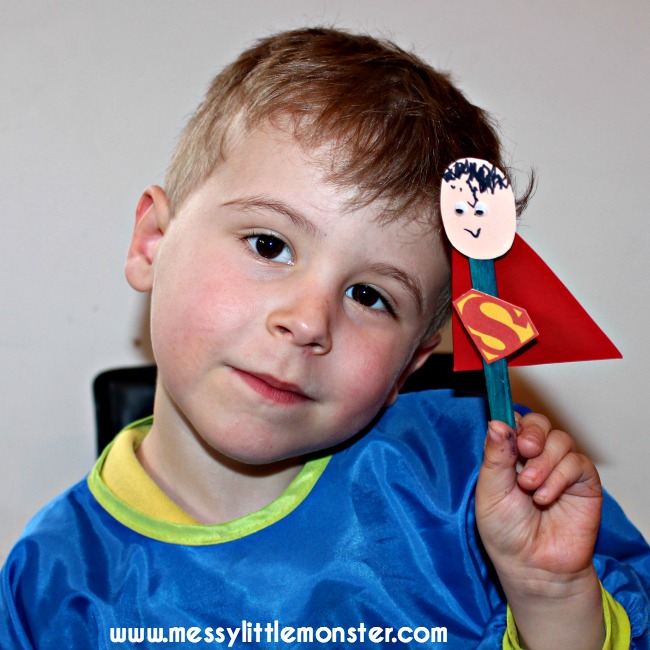 Craft stick superhero puppet activity for kids.  FREE PRINTABLE Batman, Superman, Spiderman, Ironman, Flash, Captain America masks and badges.
