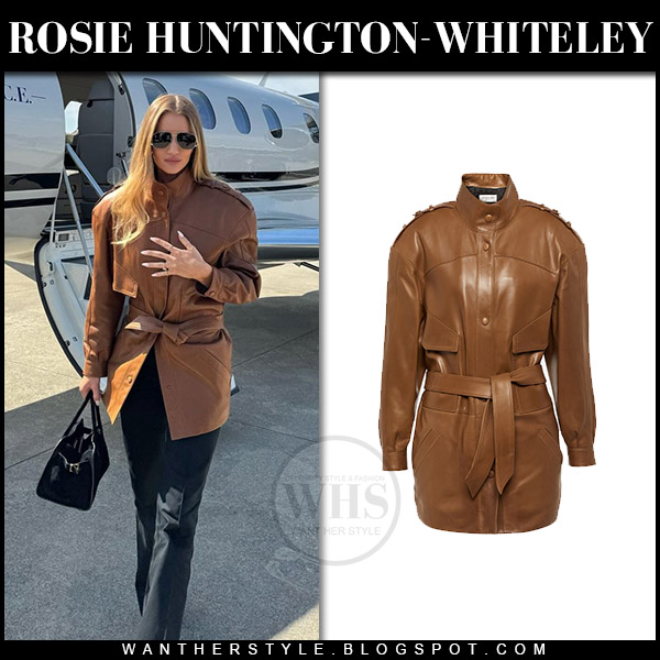 Rosie Huntington-Whiteley in brown belted leather jacket