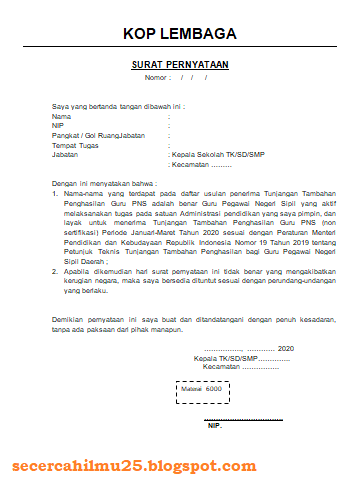 Format Surat Pernyataan Kepsek untuk Usulan Penerima ...