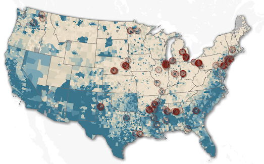 a map of the USA highlighting the 100 most racially segregated neighboring school districts