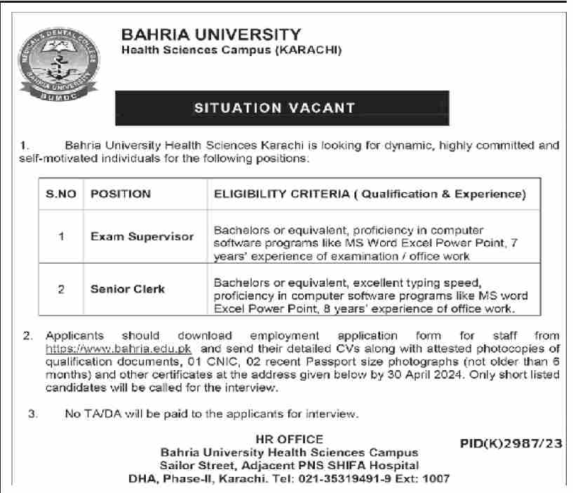 Bahria University Education Jobs In Karachi 2024