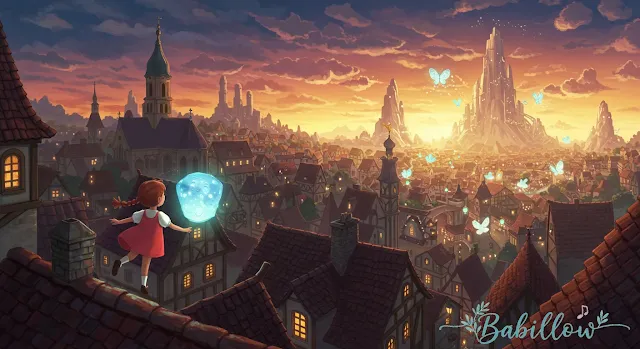A little girl flying above rooftops with a glowing lantern, entering a colorful dream valley with floating dream creatures — children's cartoon style, vibrant and magical tones