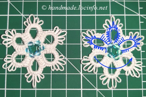 タティングレースで作るシンプルなスノーフレークモチーフ,simple snowflake motif made with tatting lace,梭编蕾丝編制的简单雪花图案