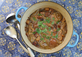 Food Lust People Love: These cider-braised pig cheeks with apples are a triumph of slow cooking at its tender-making best. Both the pork and the apples are melt in your mouth delicious, a perfect bowl of Autumn on a chilly day. For the two tart apples, use a variety like Granny Smith or, if you are so fortunate, Cox’s Orange Pippin. The two sweeter apples can be whichever you prefer for eating straight out of your hand, for instance, Royal Gala or Red Delicious . If you don’t have pork stock (or a pork stock cube to dissolve in water), you can substitute chicken or vegetable stock.