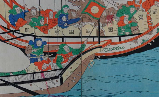 Illustration of Mongol soldiers on boats, with beige shields with swastikas.