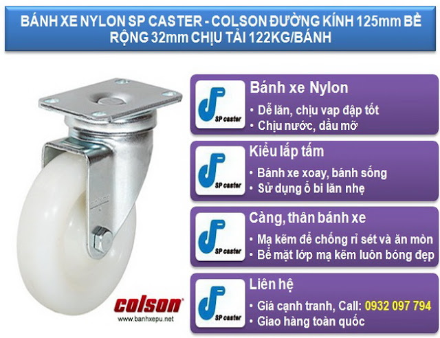 Bánh xe công nghiệp Nylon PA xoay chịu lực 122kg | S2-5256-255C www.banhxepu.net