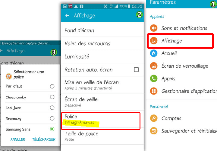 Paramètres du téléphone changent Tifinagh 