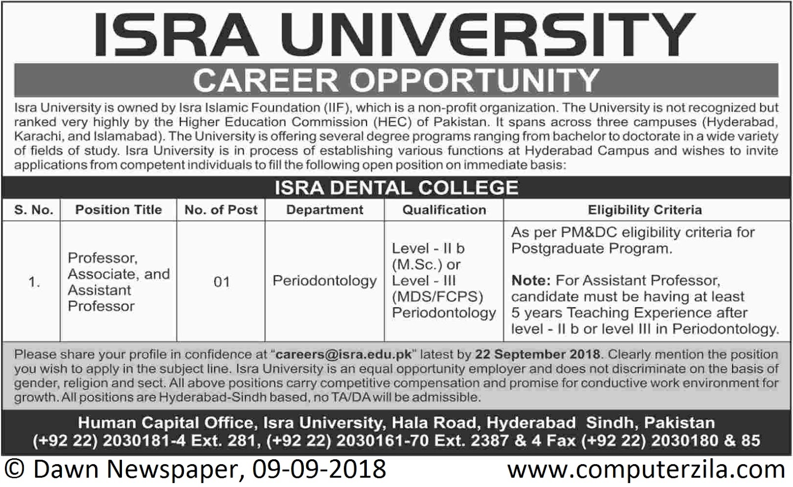 Career Opportunity at Isra University (Isra Dental College)