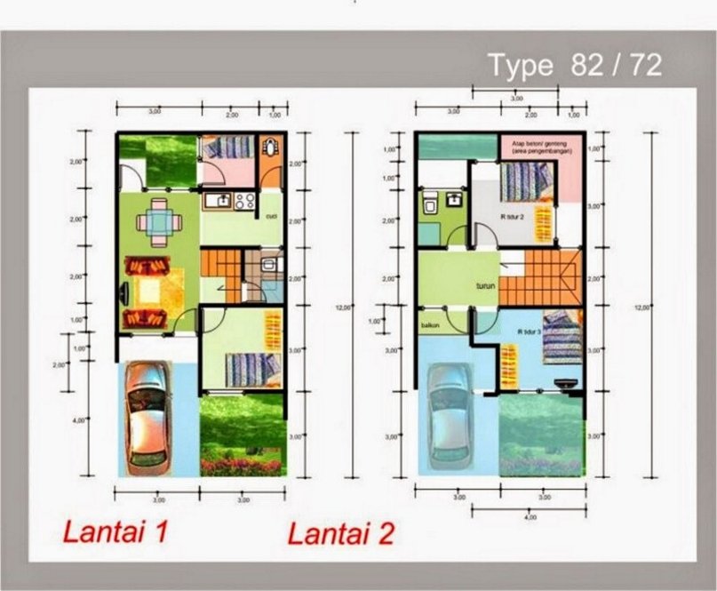 denah rumah 8x12 dua lantai menarik