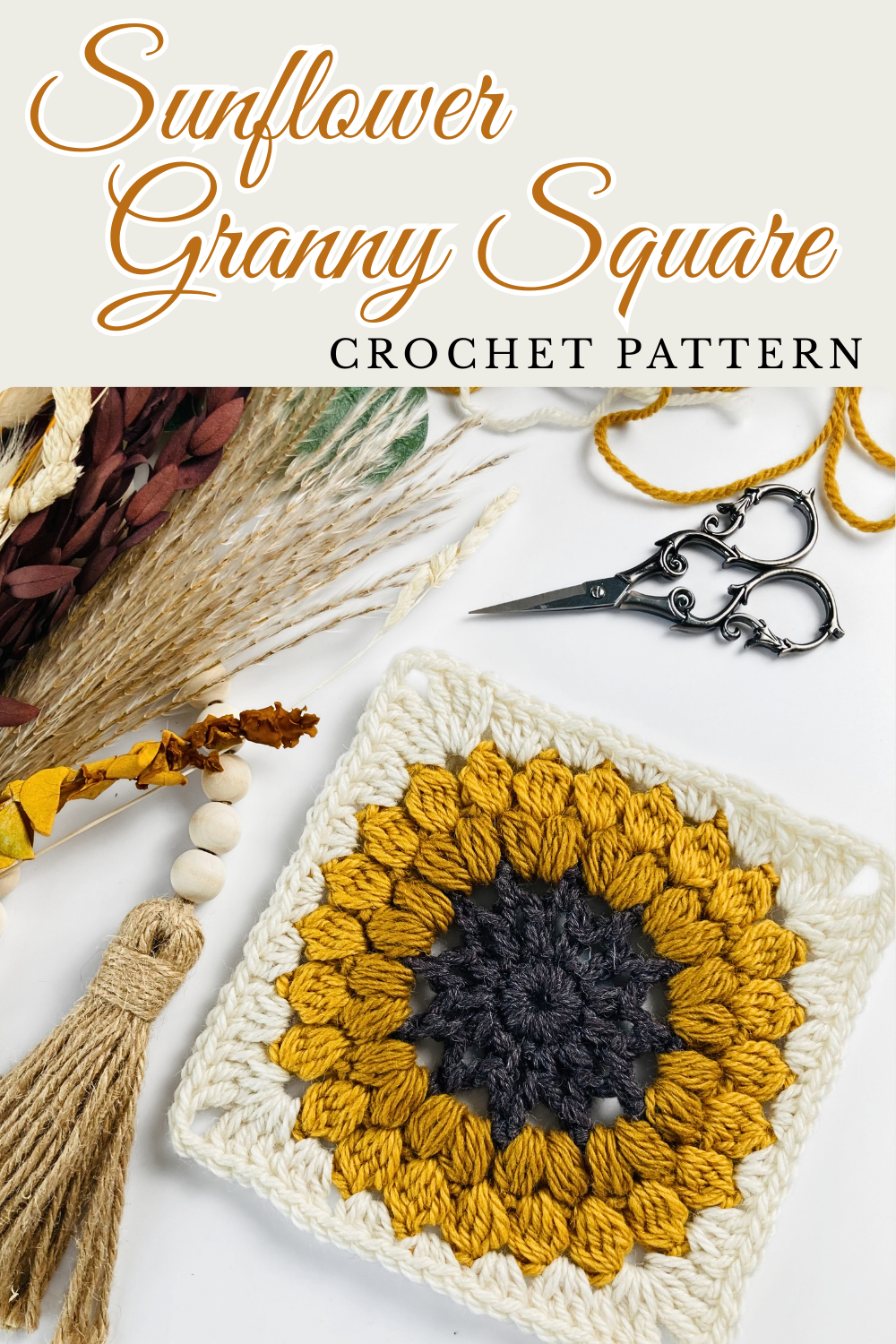 a pinterest pin showing a crochet sunflower granny square