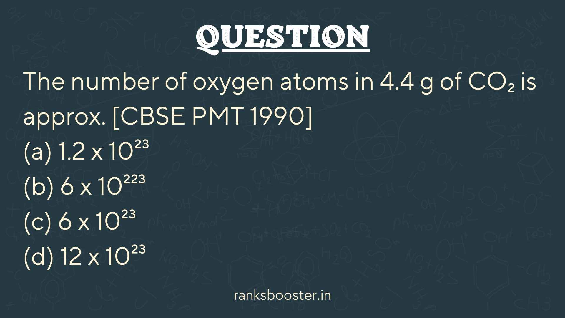 The number of oxygen atoms in 4.4 g of CO₂ is approx. [CBSE PMT 1990] (a) 1.2 x 10²³ (b) 6 x 10²²³ (c) 6 x 10²³ (d) 12 x 10²³