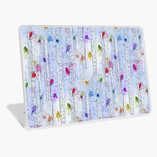 Whimsical rainbow birds on birch trees patterned laptop skin