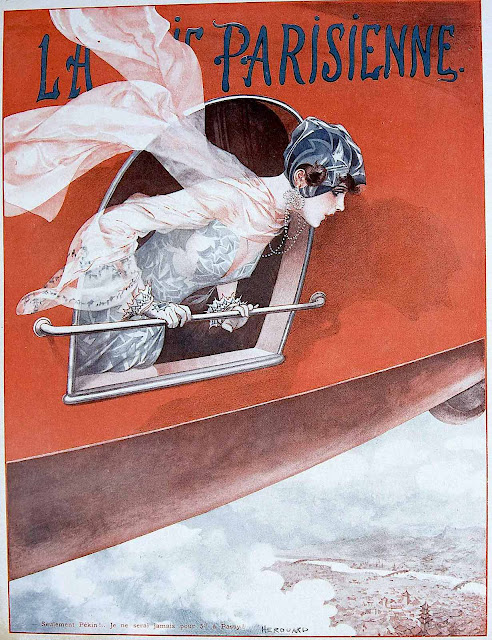 La Vie Parisienne magazine 1928, an adventuresome woman looking out from a dirigable or airplane