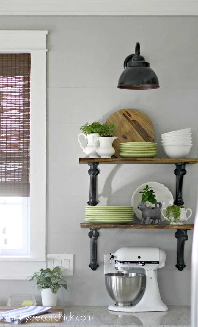 open wood shelves in kitchen