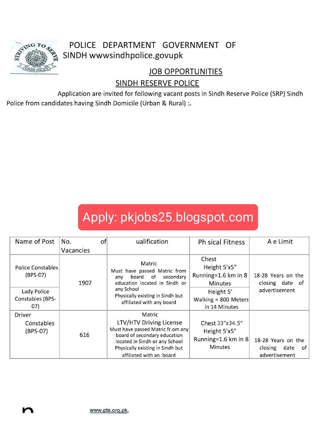 SRP Sindh Police Constable PTS jobs Past Papers Application Form Apply Online