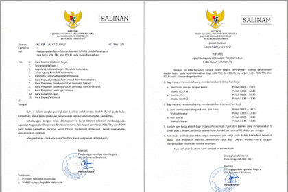 Surat Edaran MENPANRB Nomor 20 Tahun 2017 Tentang Penetapan Jam Kerja
ASN, TNI, dan POLRI pada Bulan Ramadhan