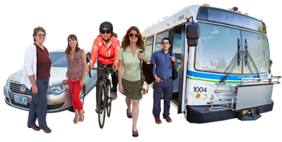 Photo-montage clipart of people traveling. Left to right, two women standing in front of a car, a helmeted woman pedaling a bicycle, a woman walking while carrying a shoulder bag and a man with shoulder bag standing at the entrance to a bus