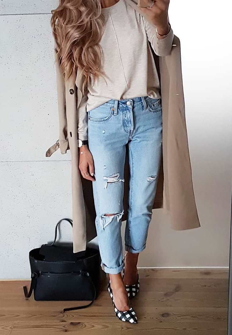 beautiful fall outfit / rips + beige trench coat + top + bag + plaid heels