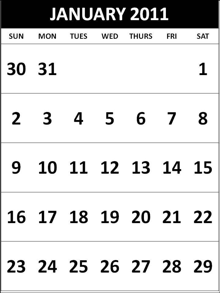 Homemade Printable Calendar 2011 January with big fonts colorful pictures