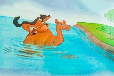 The jackal is sitting on the back of a camel to cross the river and laughing at the camel.