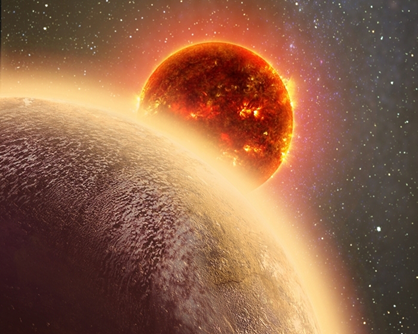 ilustração do exoplaneta e sua estrela anã vermelha
