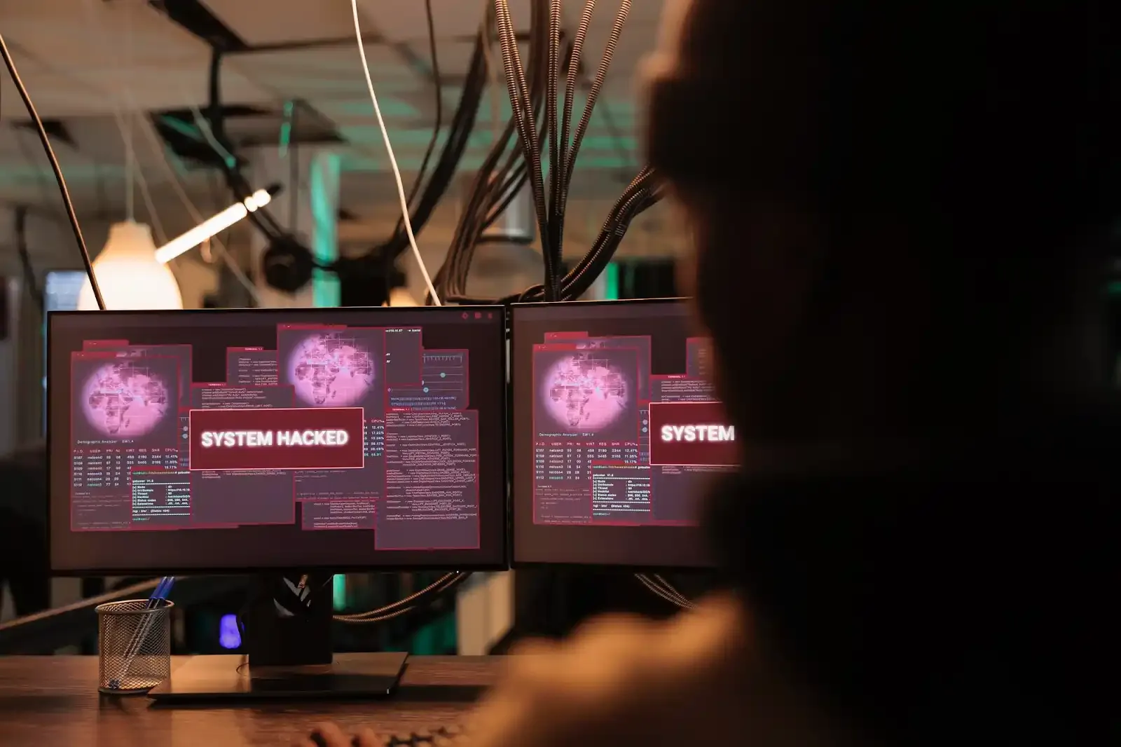 A person in a black hood sitting in front of a computer with a hacking message on the screen A person in a black hood sitting in front of a computer with a hacking message on the screen
