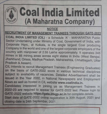 Coal India Limited Recruitment for Management Trainees, Engineering Graduate Through Gate 2022