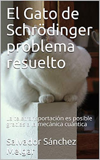 Portada del libro "El gato de Schrödinger problema resuelto" en la que se ve un gato blanco subido en un pedestal.